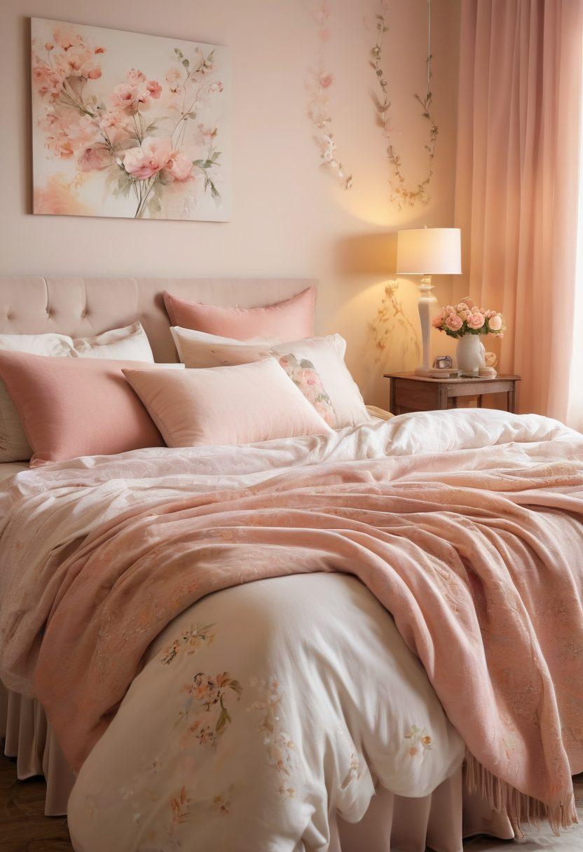 A serene and cozy bedroom scene featuring a couple intertwined in an intimate and loving embrace, showcasing a subtle representation of anal play through playful elements like soft cushions and romantic lighting. The atmosphere is warm and inviting, highlighted by soft pastel colors and gentle shadows creating a sense of closeness and comfort. Artistic details like delicate floral patterns in the background add an enchanting touch. painting. warm pastel colors. soft lighting.