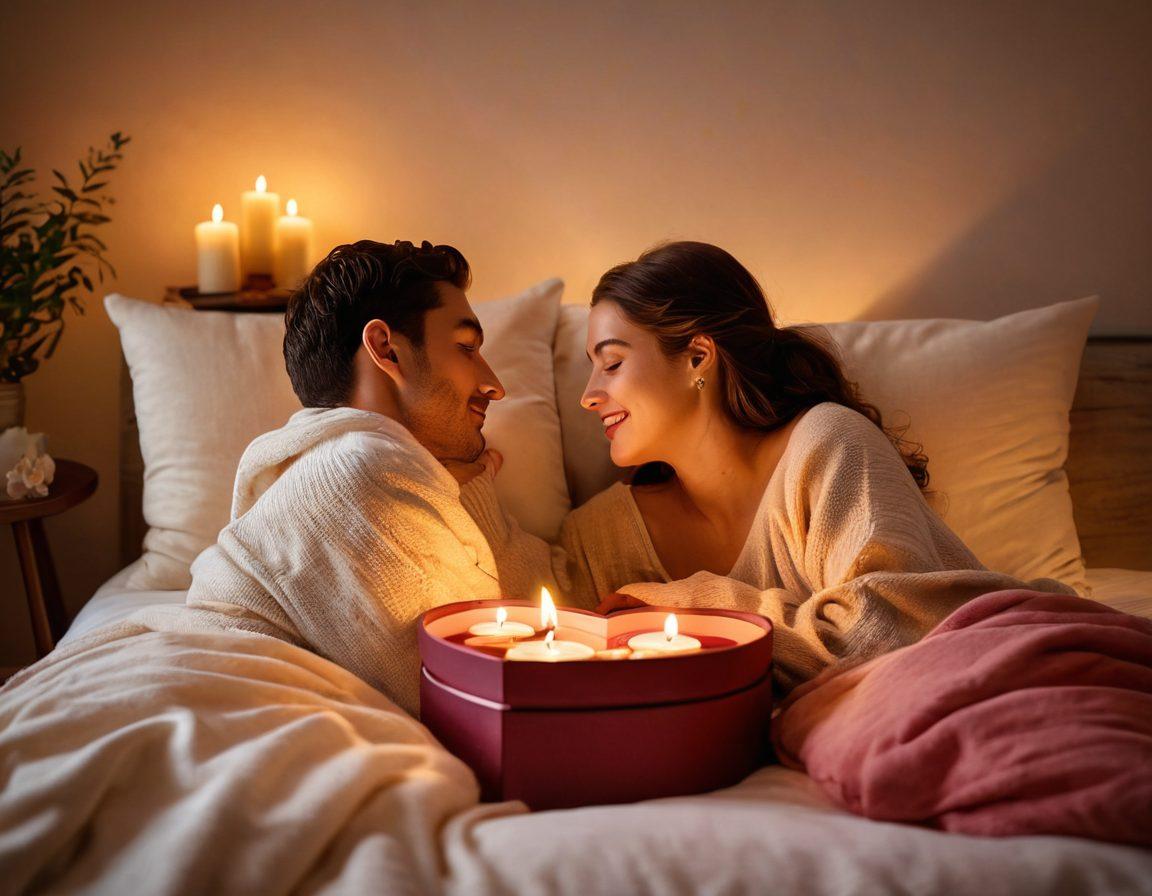 A cozy, intimate setting with soft, warm lighting that showcases a couple in a close embrace, exchanging loving glances while surrounded by romantic decor like candles and plush cushions. Include subtle hints of playful elements like a heart-shaped box and gentle curves symbolizing connection and exploration. Emphasize a sense of comfort and trust. vibrant colors. soft focus.