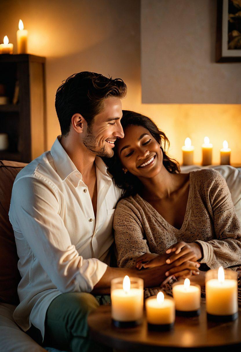 A warm, inviting scene depicting a couple engaged in a playful and intimate setting, surrounded by soft candlelight and plush fabrics. Include subtle elements of sensual exploration, like intertwined hands, aromatic essential oils in the background, and a cozy atmosphere that signifies trust and connection. The couple should be smiling and engaged in conversation, showcasing vulnerability and love. soft lighting. romantic mood. vibrant colors.